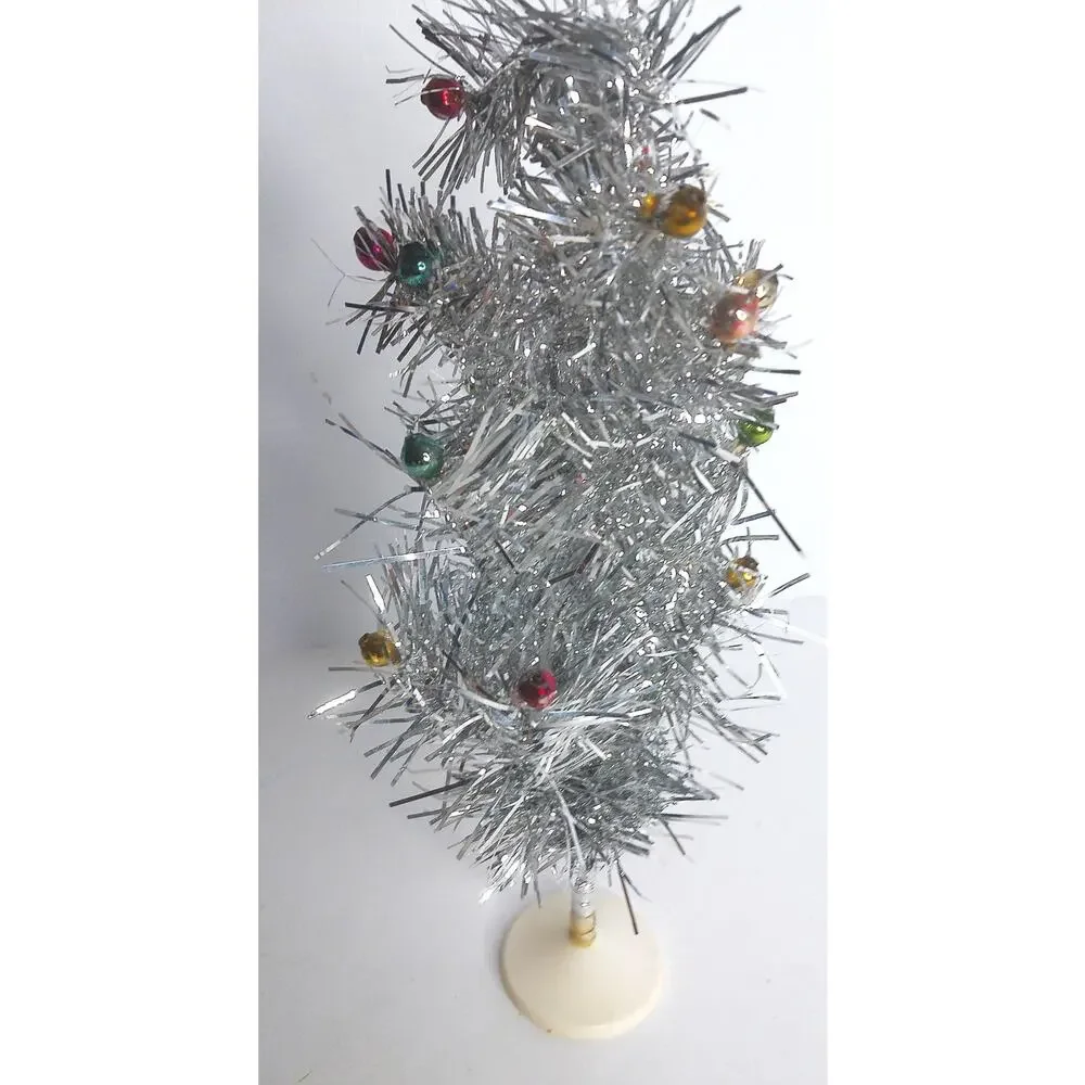 Vintage Silver Aluminum Tabletop Feather Tree With Mercury Ball Ornaments